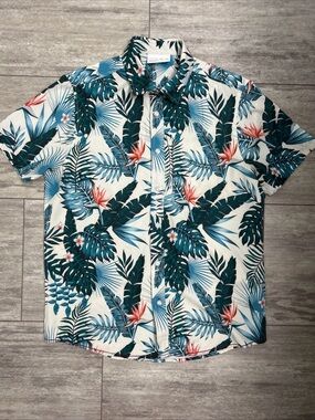 Projek Raw Men’s M Tropical Floral Print Button Down Shirt Poly Spandex Resort
